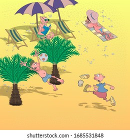 People on the beach. Young people play football on the beach. Cartoon illustration.