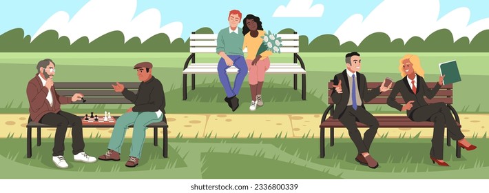 People on benches. Motley audience resting in park, romantic couple, business meeting, chess players, outdoor pastime, wooden seating in park tidy vector cartoon flat isolated concept