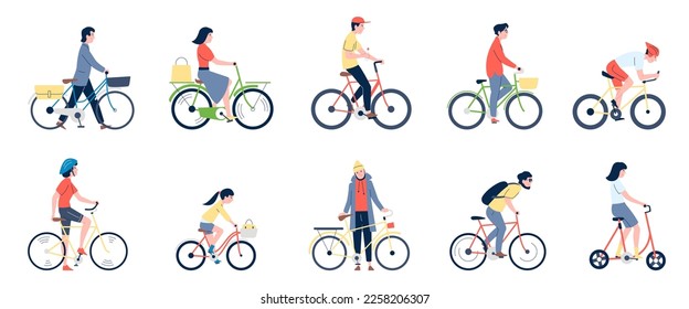 People on bicycle and bike. Different person cycling, flat woman kid riding. Healthy lifestyle, sport and city ride. Modern urban transport recent vector set