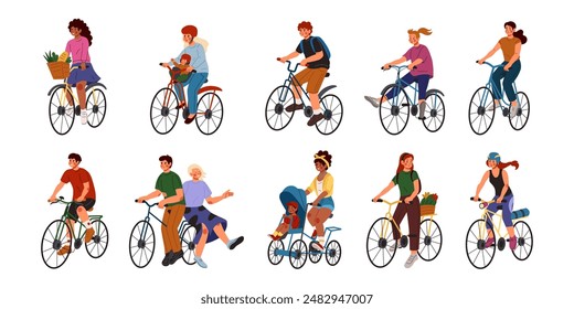 People on bicycle, bike ride. Happy man and women on cyclist, kid with parent. Person in helmet, rider old and young human, modern BMX. Sport different bicyclist. Family flat cartoon vector tidy set