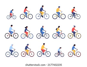 People on bicycle. Cartoon persons ride on bike, different sportsmen cycling together, man and woman with active lifestyle. Vector men and women bicyclers set of cartoon activity illustration