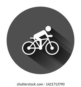 People on bicycle sign icon in flat style. Bike vector illustration on black round background with long shadow. Men cycling business concept.