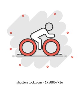 People on bicycle sign icon in comic style. Bike vector cartoon illustration on white isolated background. Men cycling business concept splash effect.