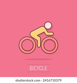 People on bicycle sign icon in comic style. Bike vector cartoon illustration on isolated background. Men cycling business concept splash effect.