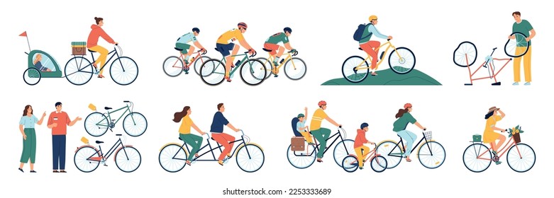 People on bicycles flat set of adult and children characters riding bicycle outdoor isolated vector illustration