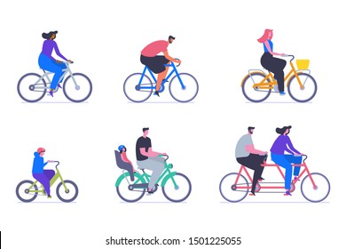 People on bicycles flat vector illustrations set. Adults and children cartoon characters. Personal transport, eco friendly vehicles pack. Man riding cruiser bike, kid on BMX and couple on tandem