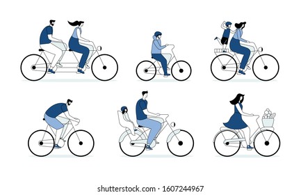 People on bicycles flat vector illustrations set. Adults and children cartoon characters. Personal transport, eco friendly vehicles pack. Man riding cruiser bike, kid on BMX and couple on tandem