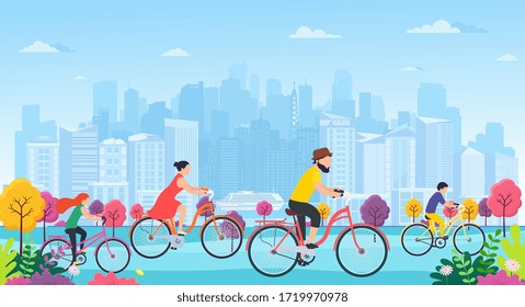 People on bicycles in park. Family with children sports and outdoor activities. Panorama city buildings view ecologically clean city park.