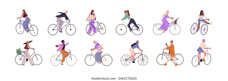 People are on bicycles set. Riders cycling on different bikes- sports, for ladies with basket. Happy bicyclists walk. Various cyclists drive. Flat isolated vector illustrations on white background