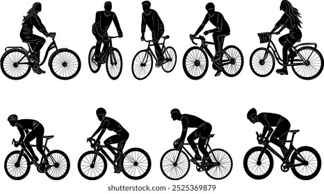 people on bicycles silhouette on white background, vector