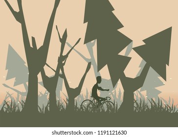 people on bike in forest vector illustration 