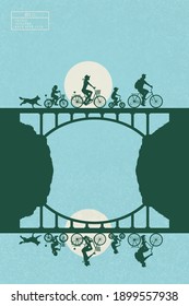 People on bikes. Cyclists silhouettes on bridge. Family road trip