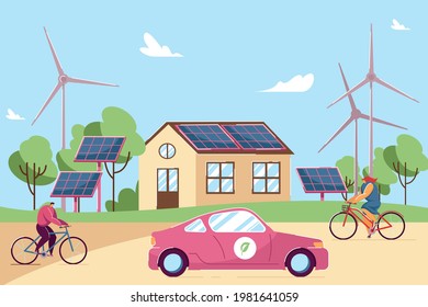 People on bikes in front of house with solar panels on roof. Windmills, eco-friendly car in village flat vector illustration. Sustainable energy, smart technology concept for banner, website design