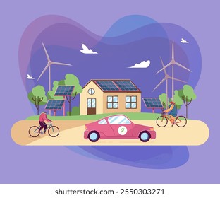 People on bikes in front of house with solar panels on roof. Windmills, eco-friendly car in village flat vector illustration. Sustainable energy, smart technology concept for banner, website design