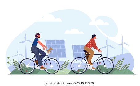 People on bikes outdoor. Man and woman rides at bicycles. Eco friendly transport. Care about nature, ecology and environment. Cartoon flat vector illustration isolated on white background