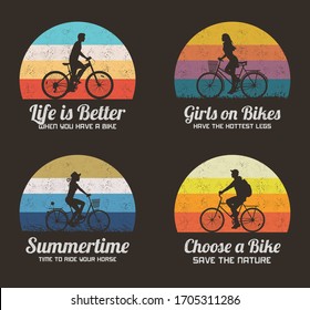 People on bikes. Retro backgrounds set. Cyclist on bicycle silhouette