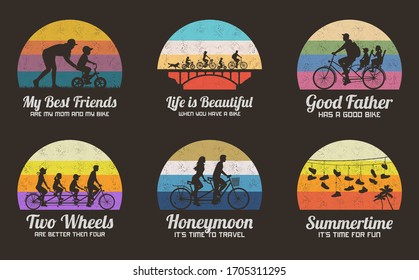 People on bikes. Set of retro illustrations with silhouettes of cyclists on bicycles. Woman teaching boy to ride bike, family on bike tandem. Shoes on wires. Vector backgrounds for prints, t-shirts