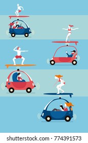 People on board Autonomous Driverless Cars and surfers. 
Metaphor of freedom of movement.
