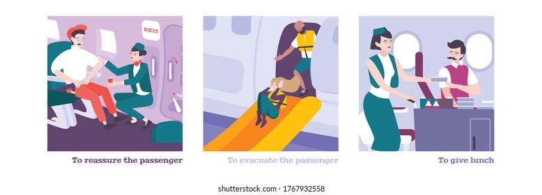 People on board flat compositions with flight attendants giving lunch reassuring passenger  providing evacuation flat vector illustration 