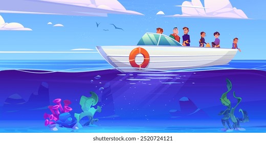 People on board of yacht. Vector cartoon illustration of happy children and fathers enjoying sea voyage on summer day, underwater bottom view with seaweeds, stones and bubbles, birds flying in sky