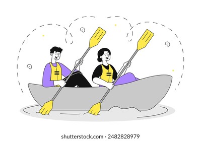 People on boat. Man and woman in boat with oars floating in lake or river. Kayak and rafting. Active lifestyle and extreme sports. Tourists and travelers. Linear vector illustration