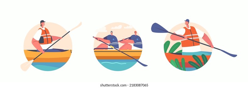 Gente en barcos Kayak, piragüismo o Rafting Sport Icons aislados o avatares. Deportistas Rando en Kayaks, Extrema Actividad, Campeonato de Deportes Acuáticos Concepto. Ilustración del vector de dibujos animados