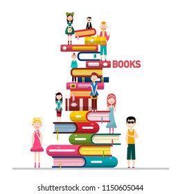 People on Books Pile Isolated on White Background Vector Illustration