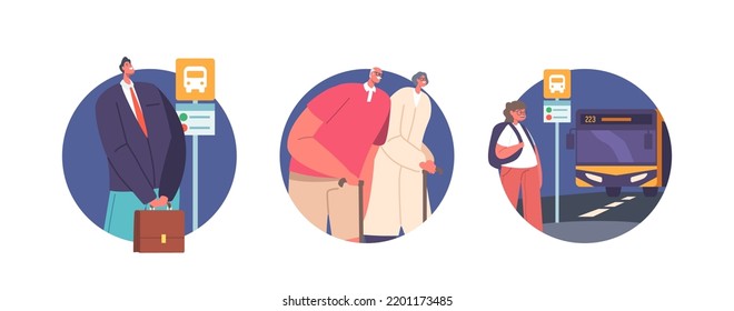 People on Bus Station, Characters Waiting Commuter City Transport Isolated Round Icons or Avatars. Public Transportation Service, Passengers Men, Women, Seniors and Kids. Cartoon Vector Illustration