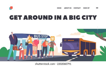 People On Bus Station Landing Page Template. Characters Waiting Commuter Transport At City Landscape. Public Transportation Service, Passengers Stand On Bus Stop. Cartoon Vector Illustration