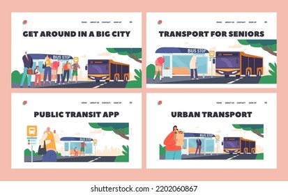 People On Bus Station Landing Page Template. Characters Waiting Commuter Transport At City Landscape. Public Transportation Service, Passengers Stand On Bus Stop. Cartoon Vector Illustration