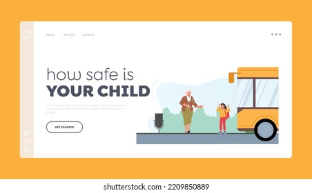 People On Bus Station Landing Page Template. Senior Female Passenger And Girl Characters Waiting Commuter Transport, City Public Transportation Service, Urban Transport. Cartoon Vector Illustration