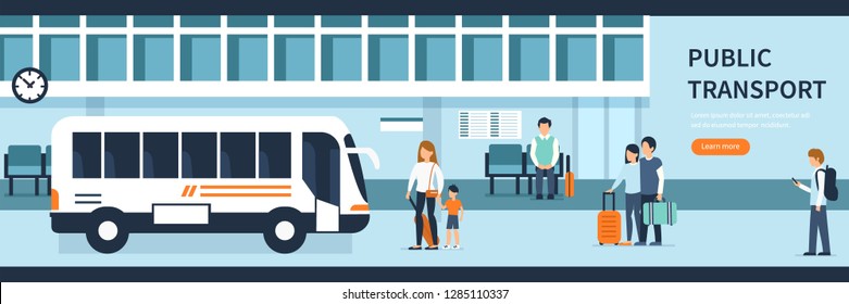 People on bus station. Passengers on train platform. Flat style vector illustration.