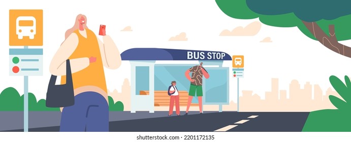 People on Bus Station, Schoolgirl, Man and Woman Characters Waiting Commuter Transport at City Landscape. Public Transportation Service, Passenger Look on Watch, Use Phone. Cartoon Vector Illustration