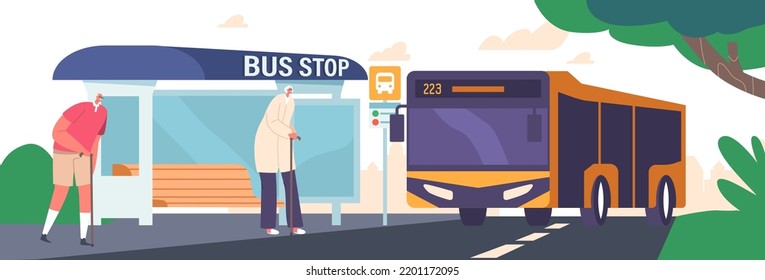 People On Bus Station, Senior Male And Female Passenger Characters Waiting Commuter Transport At City Landscape. Public Transportation Service, Urban Transport. Cartoon Vector Illustration