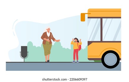 People On Bus Station, Senior Female Passenger And Schoolgirl Characters Waiting Commuter Transport At City Landscape. Public Transportation Service, Urban Transport. Cartoon Vector Illustration