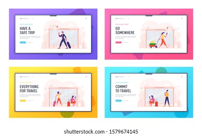 People on Bus Stop Website Landing Page Set. Men and Women Waiting on Public Transport Platform. Tourists Traveling Abroad, Citizen Walking in City Web Page Banner. Cartoon Flat Vector Illustration