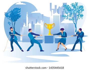 People on Business Competition. Men and Women Pulling Rope with Golden Goblet in Center. Creative Metaphor of Leadership Goal Achievement, Businesspeople Fight for Cup Cartoon Flat Vector Illustration