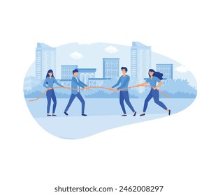 People on business competition. Men and women pulling rope. flat vector modern illustration 
