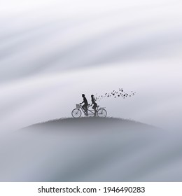 People on bycicle. Lovers in heaven. Death and afterlife. Foggy clouds