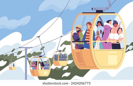 People on cableway. Diversity tourists lifting to mountain in ropeway tram cabin, snowboard ski winter resort panorama landscape, woman man at cable car classy vector illustration of cableway vacation