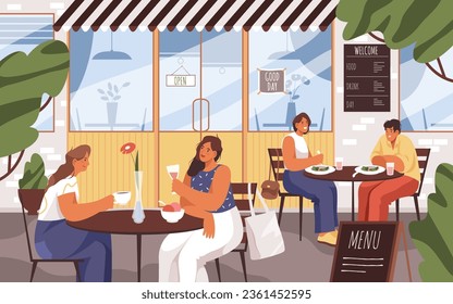 People on cafe terrace or outside of restaurant. Vector flat illustration of street or urban cafeteria or bistro. Friends at outdoor bar drinking coffee and talking. Front or facade, exterior view