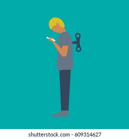 people on the cell phone like a puppet or robot illustration. a distracted Employee, man or male read, play, send message & look at the mobile vector. addicted to virtual world on flat design style. 