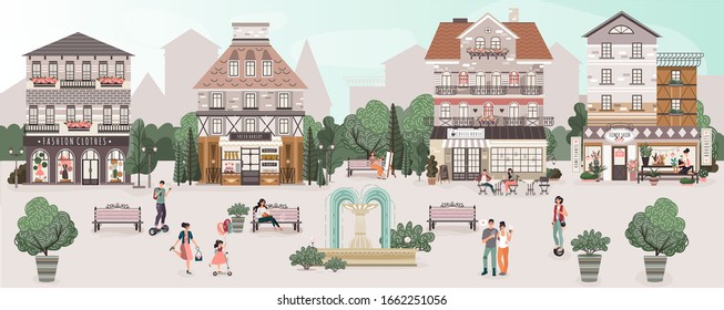 People on central square of cute old town, vector illustration. Historic houses with cozy cafe, fashion store and bakery shop. Men and women walking around town square, old European architecture