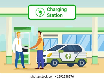 People on Charging Station. Men Shake Hands on Charging Station. Vector Illustration. Self-Service at Charge Station. Business Partnership. Teamwork. Meeting Businessmen at Electric Filling Station.