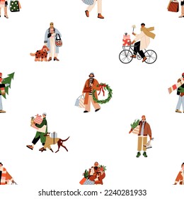 People on Christmas street, seamless pattern. Happy characters with gifts on winter holiday, endless background design, repeating print. Flat vector illustration for wrapping, textile, decoration