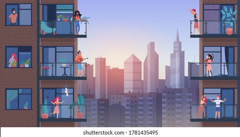 People on city balcony during quarantine vector illustration. Cartoon flat man woman characters in medical masks stay home, doing sports exercises, everyday activity, enjoy panoramic urban cityscape