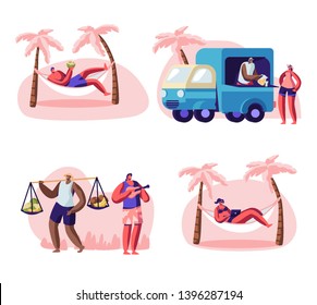 People on City Beach Set. Male and Female Characters Spending Time on Tropical Seaside, Lounging on Hammock, Drinking Coconut, Buying Juice and Fruits, Playing Ukulele Cartoon Flat Vector Illustration