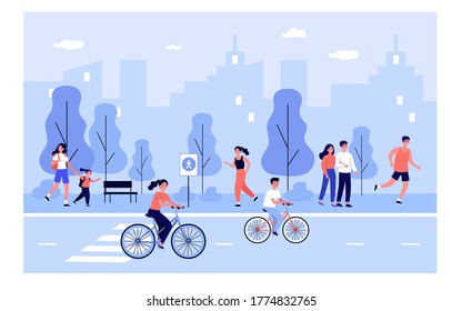 People on city street. Happy young men and woman walking outdoors, riding bikes down urban road, spending weekend in park. Vector illustration for lifestyle, summer outdoor activities concept