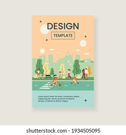 People on city street. Happy young men and woman walking outdoors, riding bikes down urban road, spending weekend in park. Vector illustration for lifestyle, summer outdoor activities concept