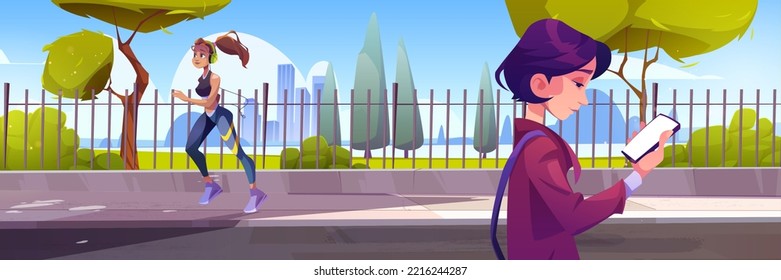 People on city street, sportswoman run along metal fence, young girl with smartphone walk by roadside reading messages. Summer outdoor recreation, sport, walk and activity, Cartoon vector illustration